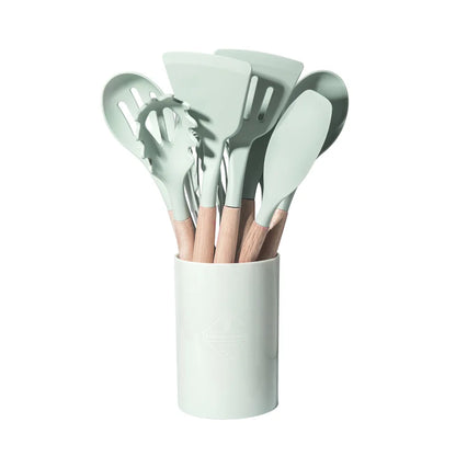 12Pcs Set of Multi-Color Silicone Wooden Handle Kitchenware Set Non Stick Pot Spatula and Spoon Cooking Utensils, Heat-Resistant