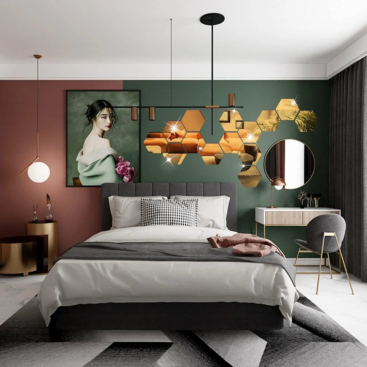 6/12Pcs 3D Hexagon Mirror Wall Sticker Rose Gold DIY TV Background Living Room Stickers Wall Decor Bedroom Bathroom Home Decor