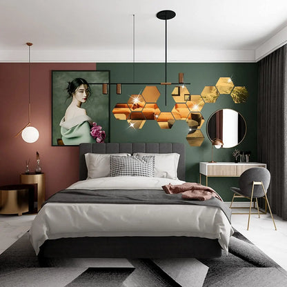 6/12Pcs 3D Hexagon Mirror Wall Sticker Rose Gold DIY TV Background Living Room Stickers Wall Decor Bedroom Bathroom Home Decor