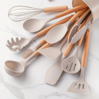 12Pcs Set of Multi-Color Silicone Wooden Handle Kitchenware Set Non Stick Pot Spatula and Spoon Cooking Utensils, Heat-Resistant