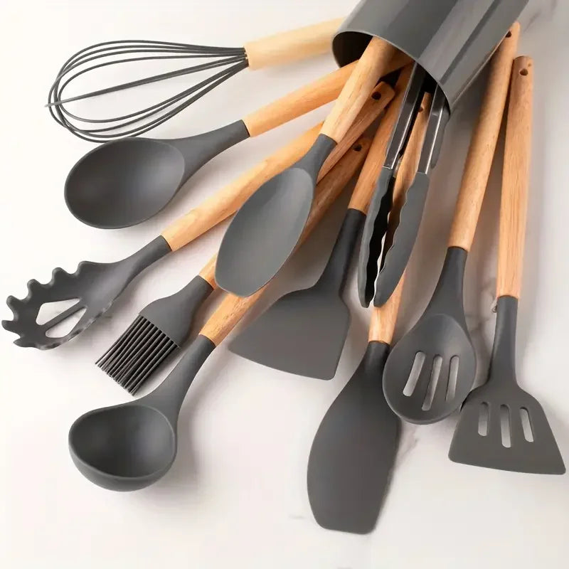 12Pcs Set of Multi-Color Silicone Wooden Handle Kitchenware Set Non Stick Pot Spatula and Spoon Cooking Utensils, Heat-Resistant
