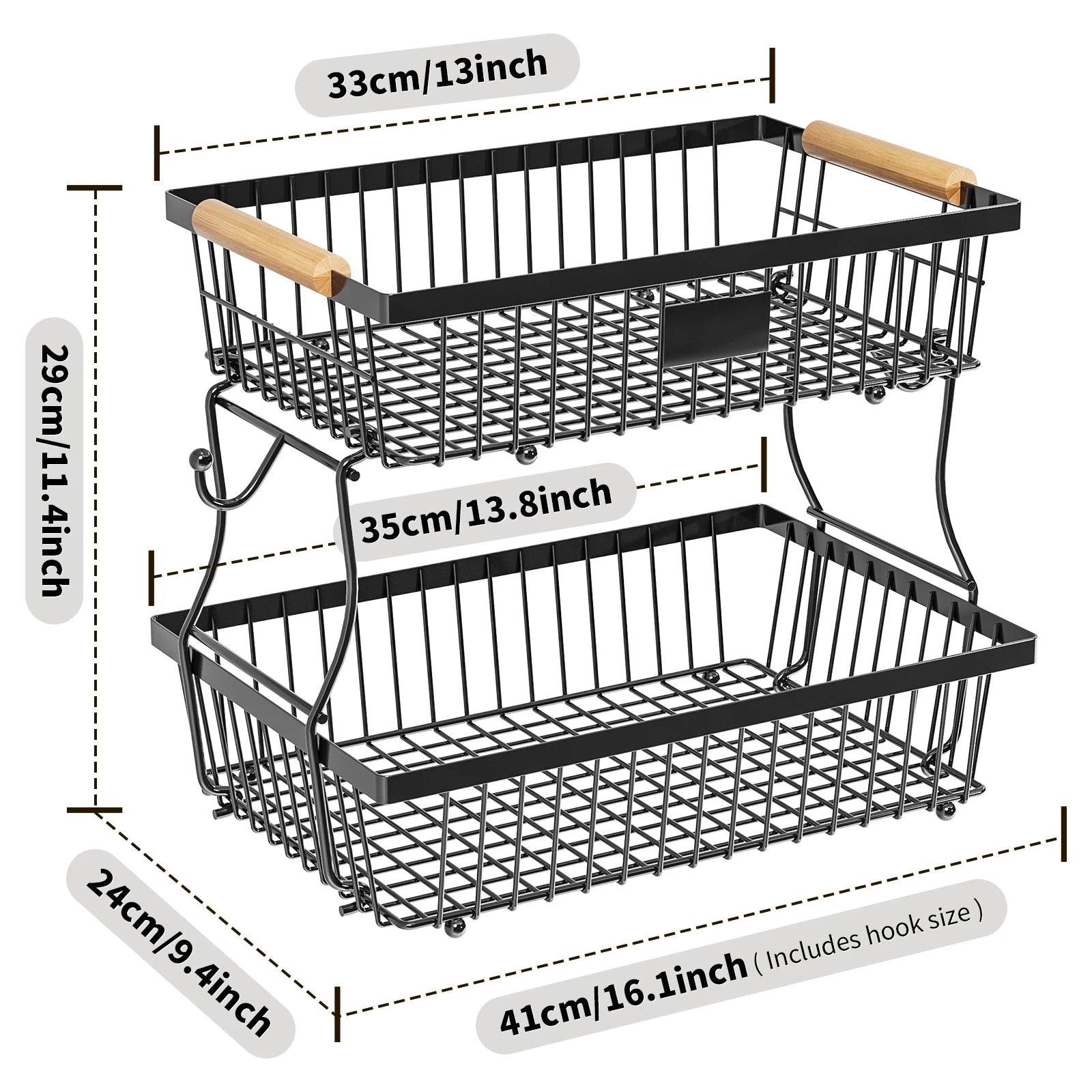 Fruit Basket Vegetable Basket,Metal Storage Basket with Hook and Wooden Handle,Stackable and Removable Kitchen Storage Rack
