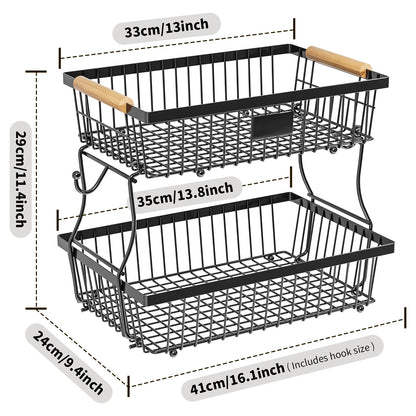 Fruit Basket Vegetable Basket,Metal Storage Basket with Hook and Wooden Handle,Stackable and Removable Kitchen Storage Rack