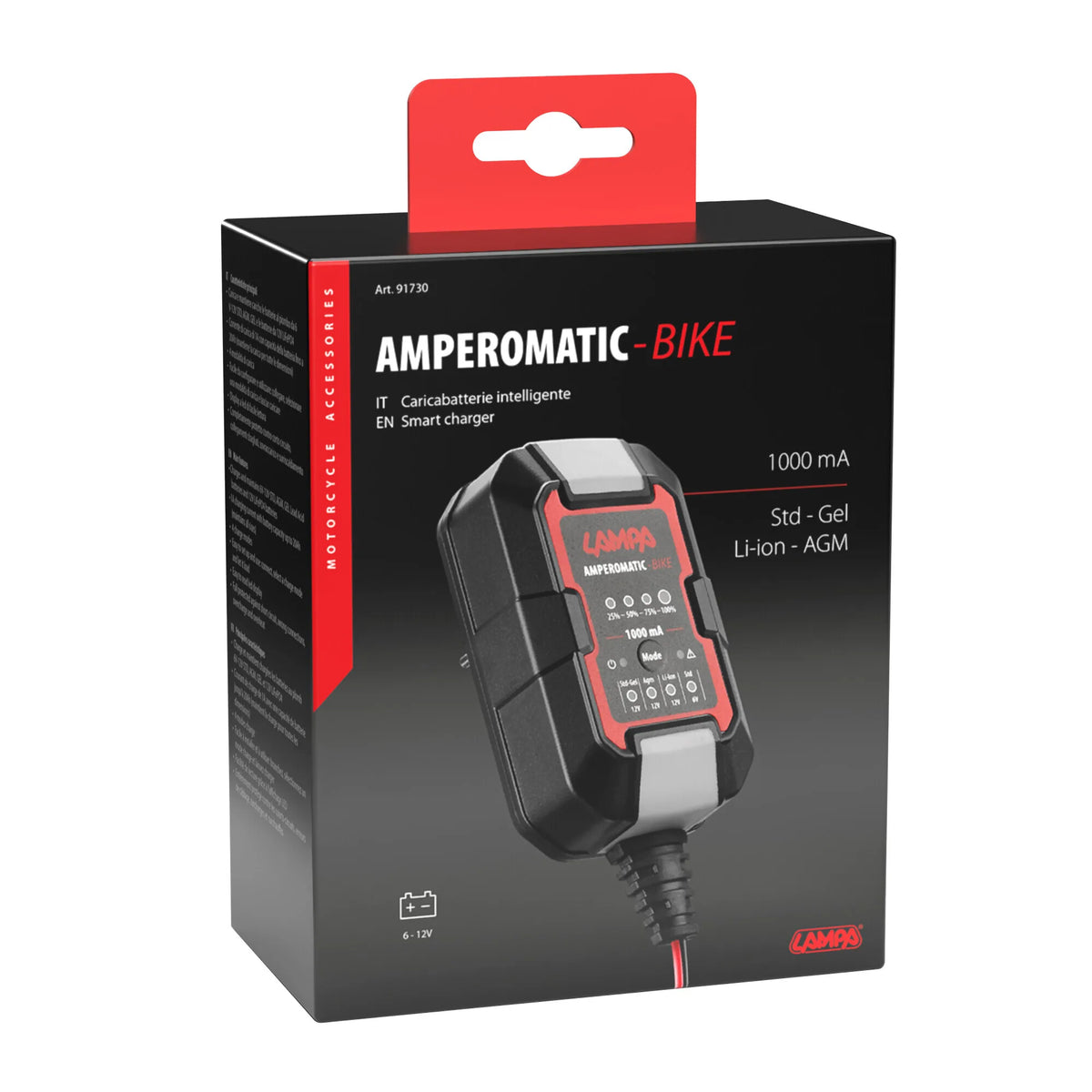 La confezione di Amperomatic Bike, caricabatteria intelligente, 6/12V