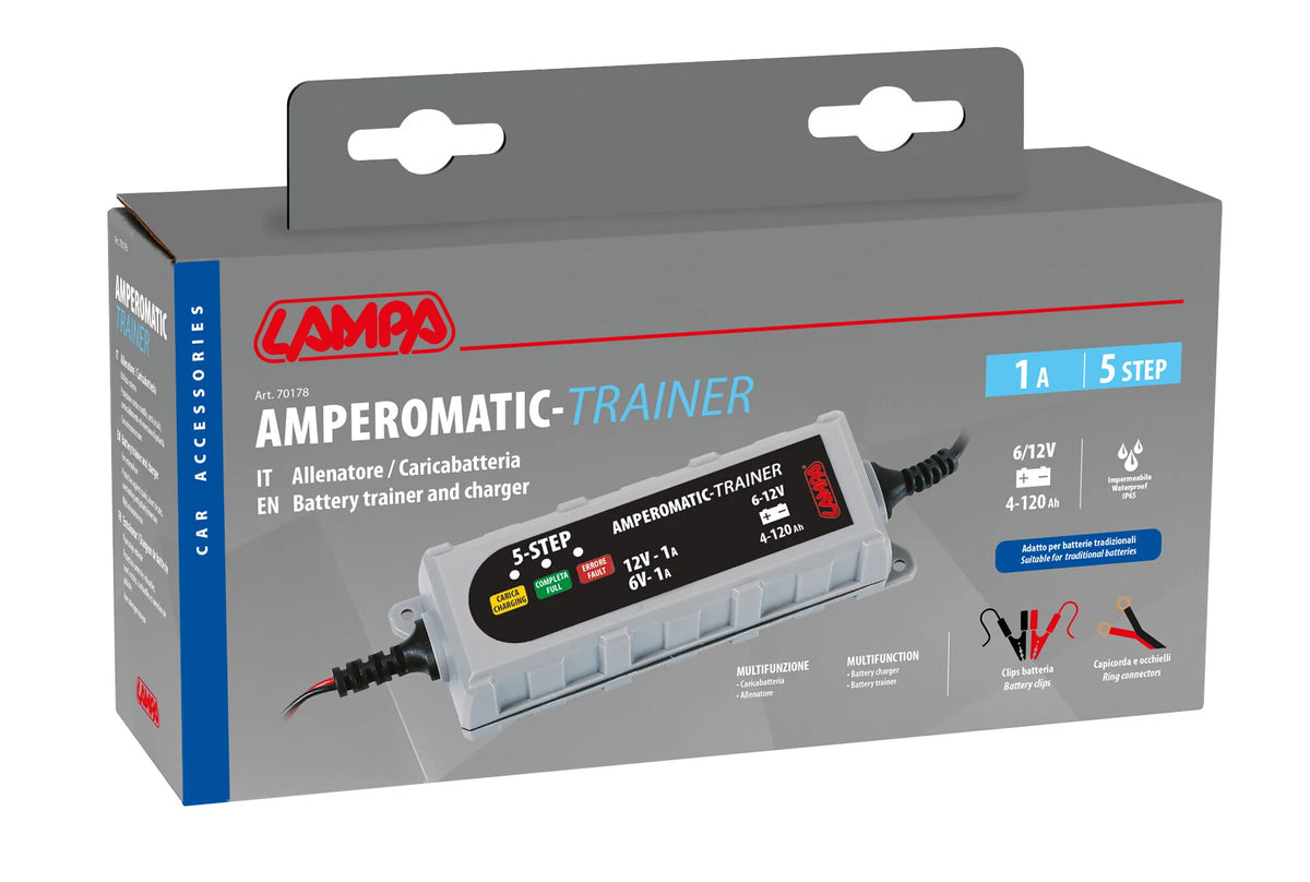 La confezione di Amperomatic Trainer, caricabatteria intelligente, 6/12V