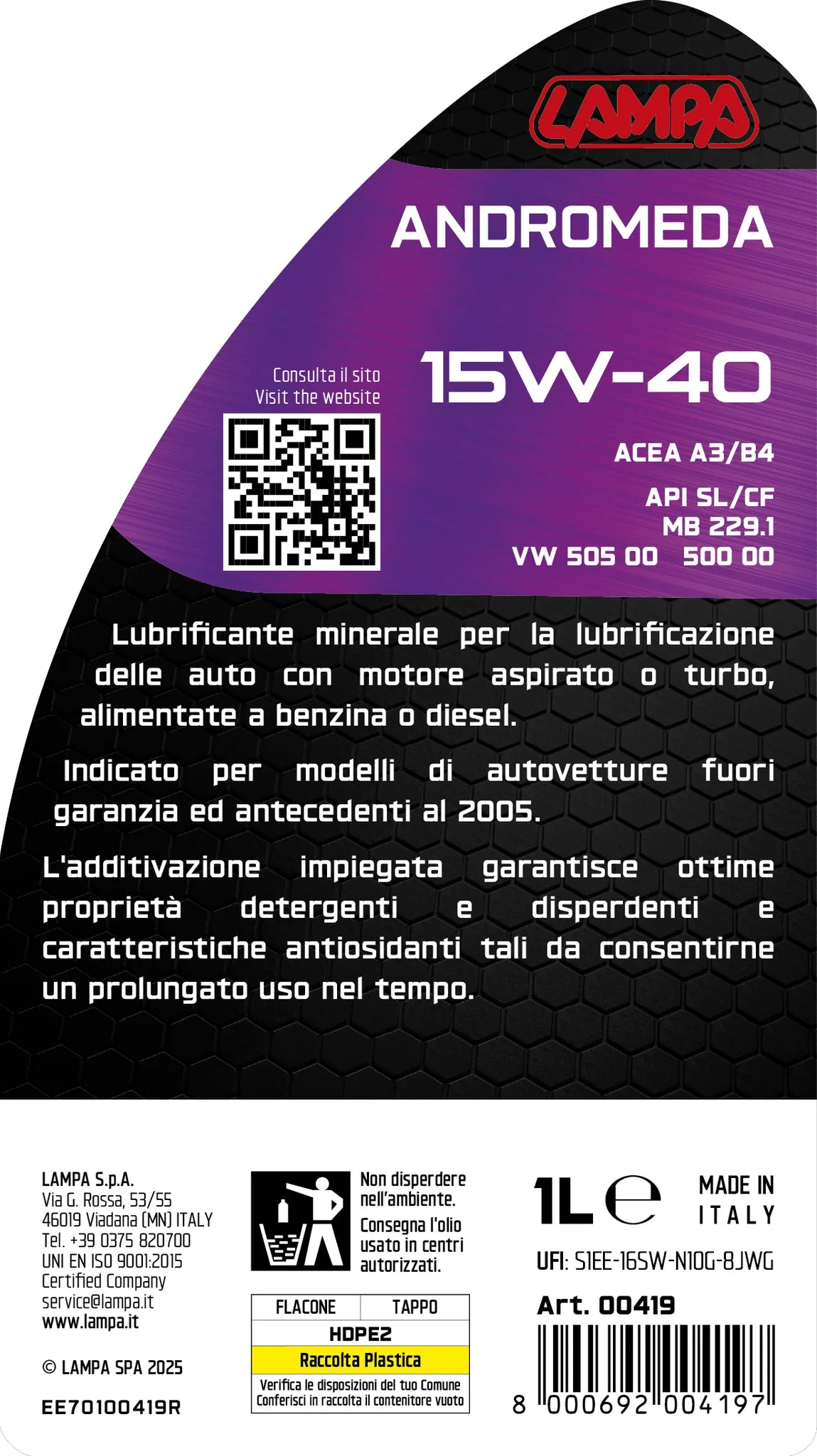 La confezione di Andromeda 15W-40, olio motore auto - 1 L