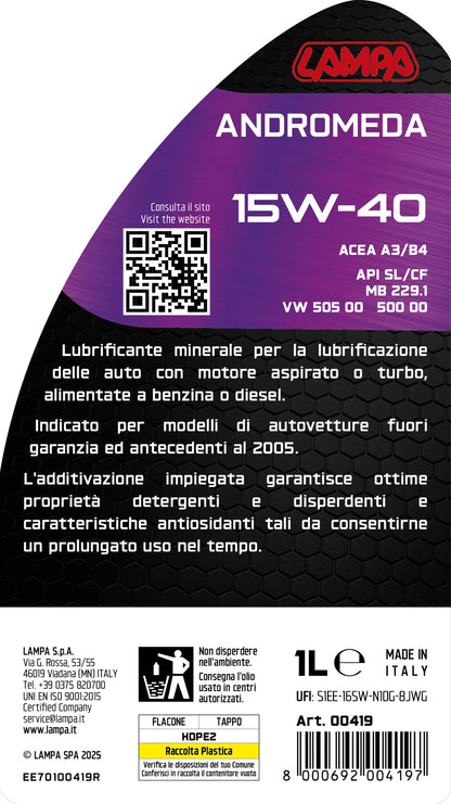 La confezione di Andromeda 15W-40, olio motore auto - 1 L