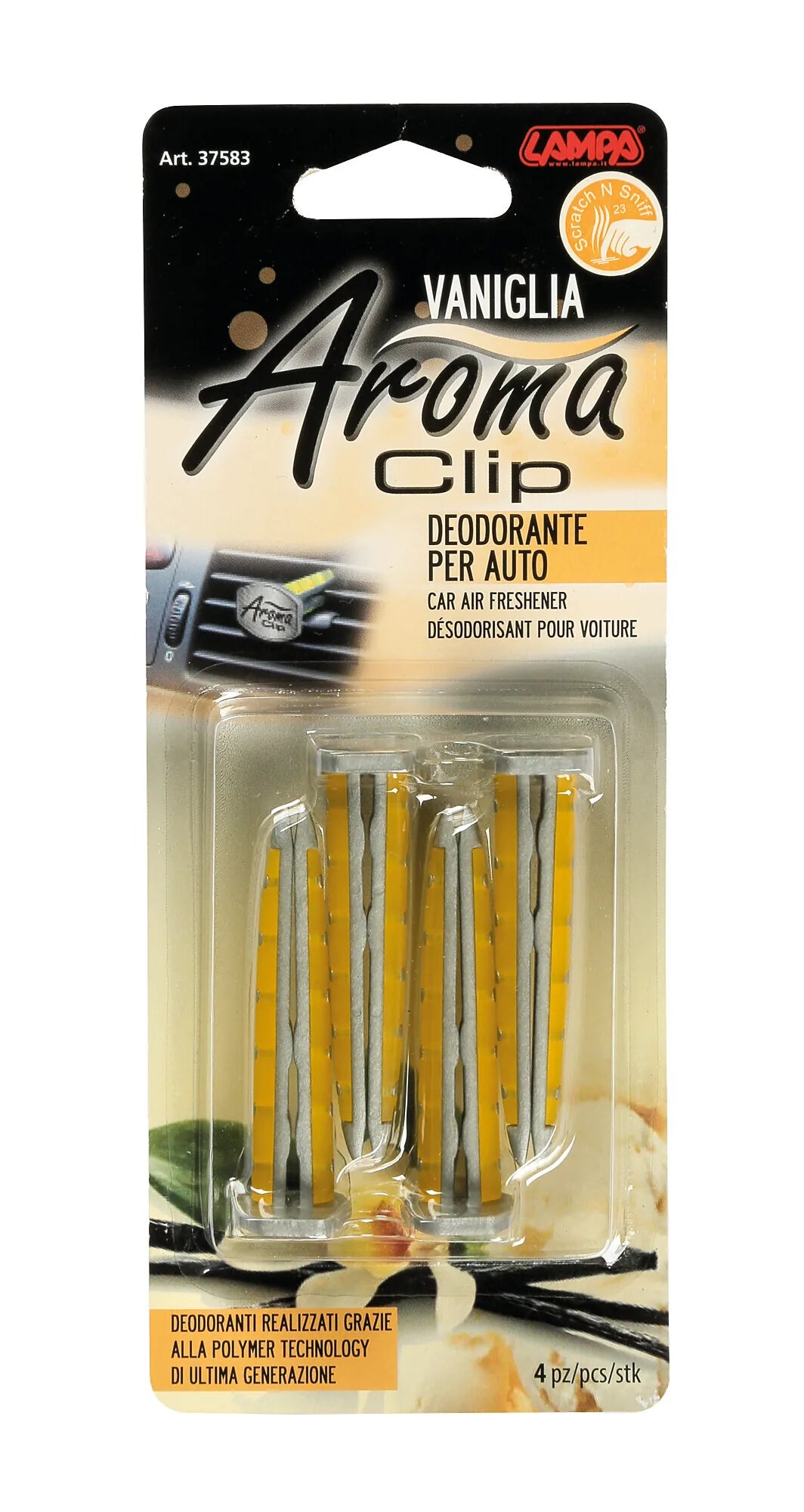 La confezione di Aroma Clip, deodorante per abitacolo