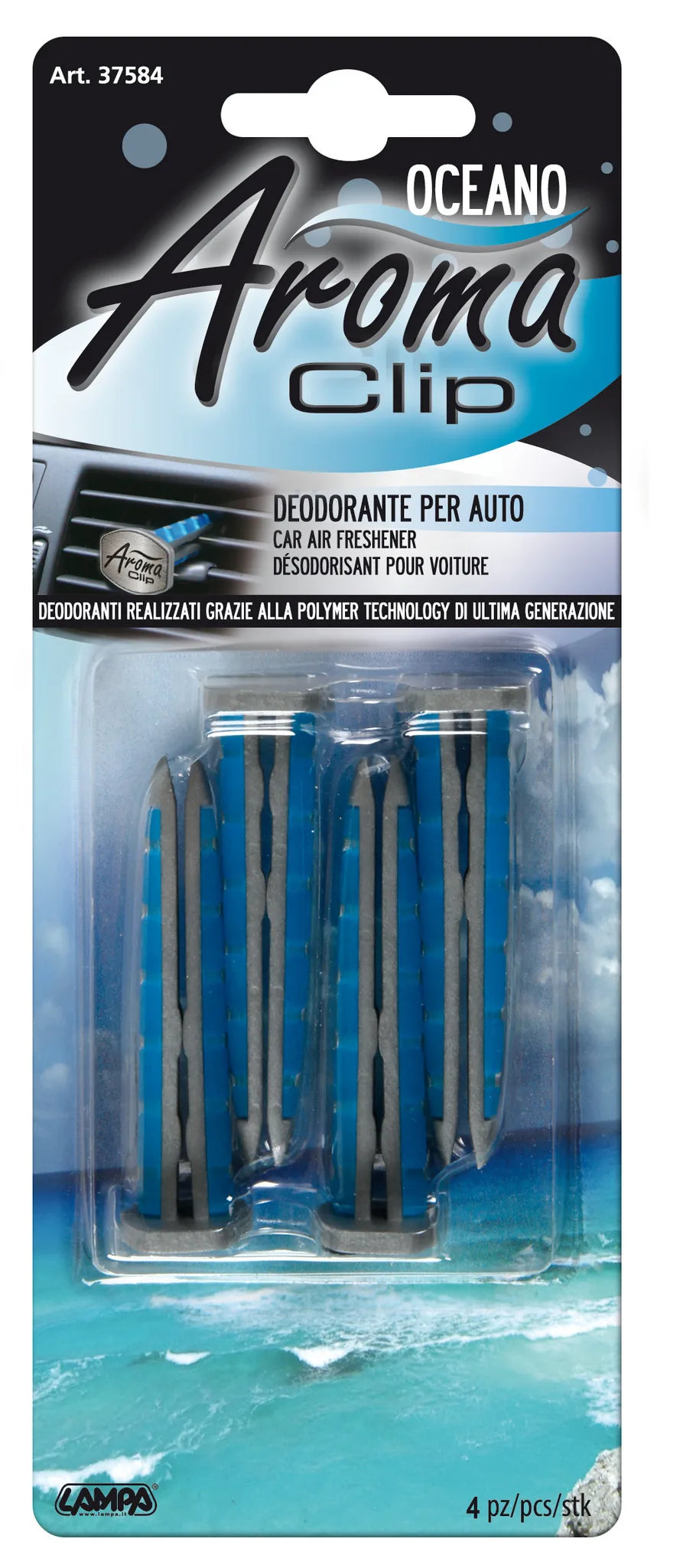 La confezione di Aroma Clip, deodorante per abitacolo