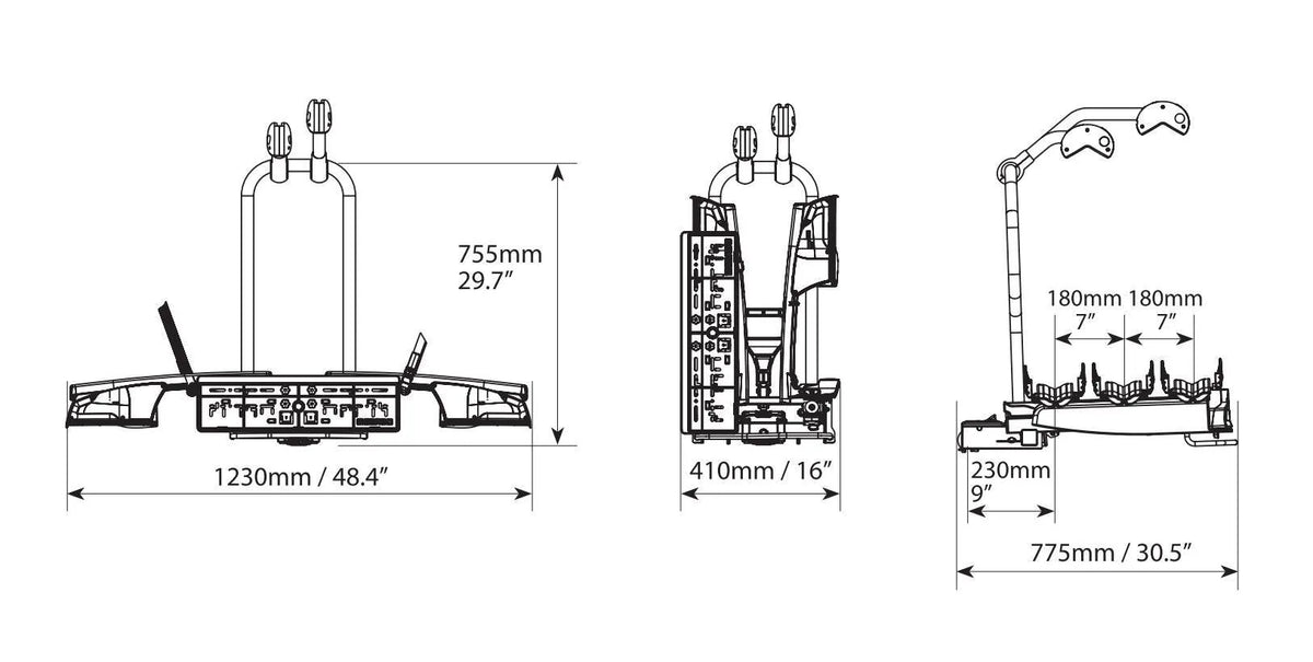 Disegno tecnico quotato di Asura 3, portabiciclette per gancio traino - 3 bici, con le misure, vista 4