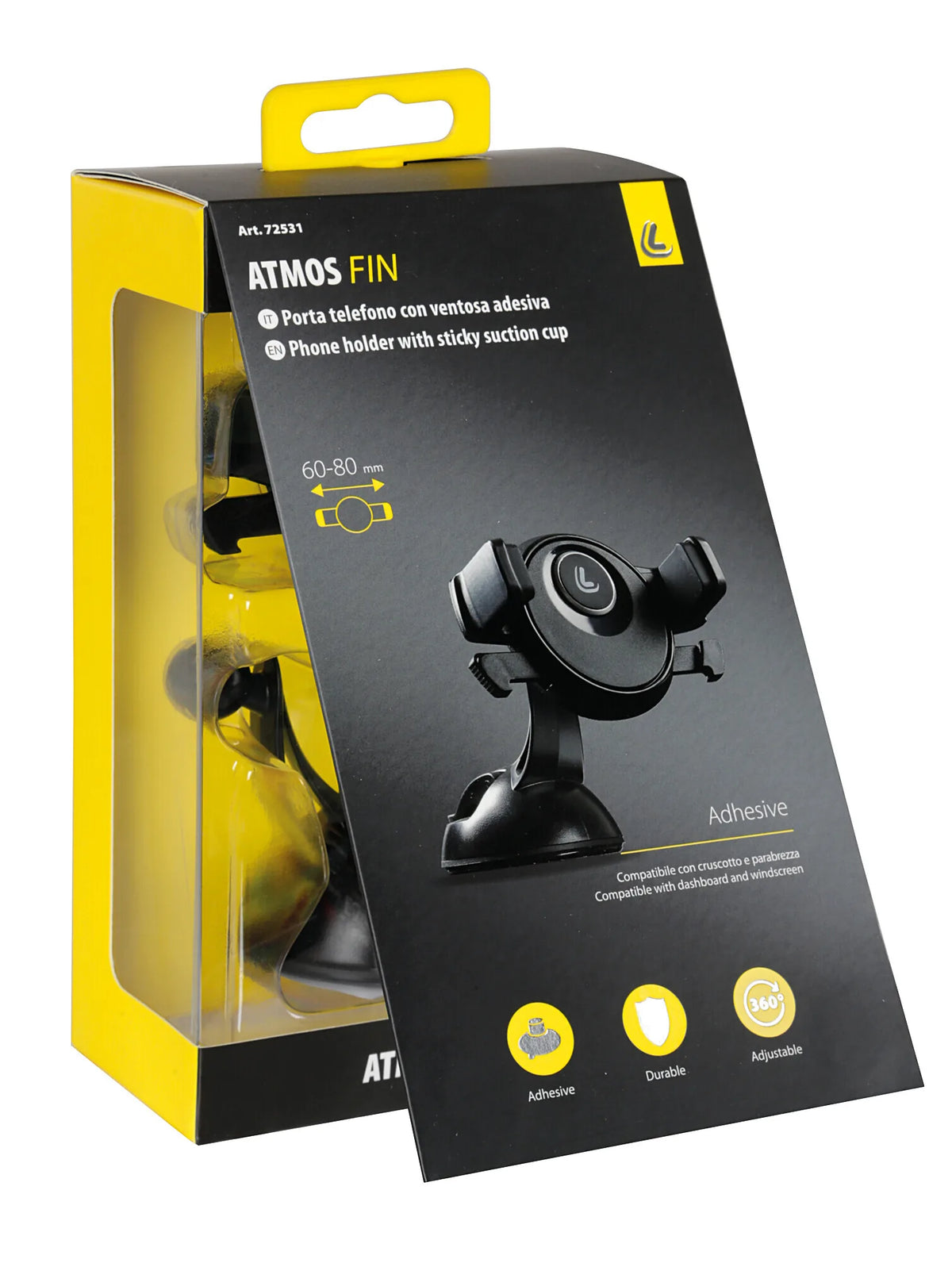 La confezione di Atmos Fin, porta telefono con ventosa adesiva