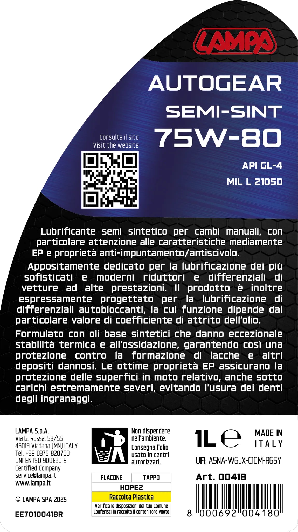 La confezione di Autogear Semi-Sint 75W-80, olio cambio manuale - 1 L