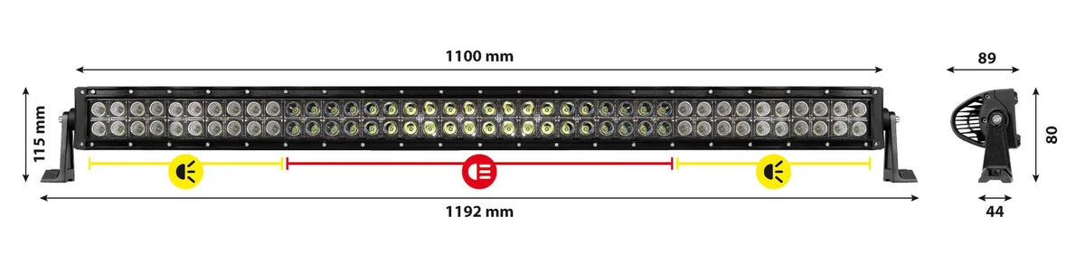 Disegno tecnico quotato di Barra a Led con struttura curva in alluminio, 12/24V, con le misure, vista 3