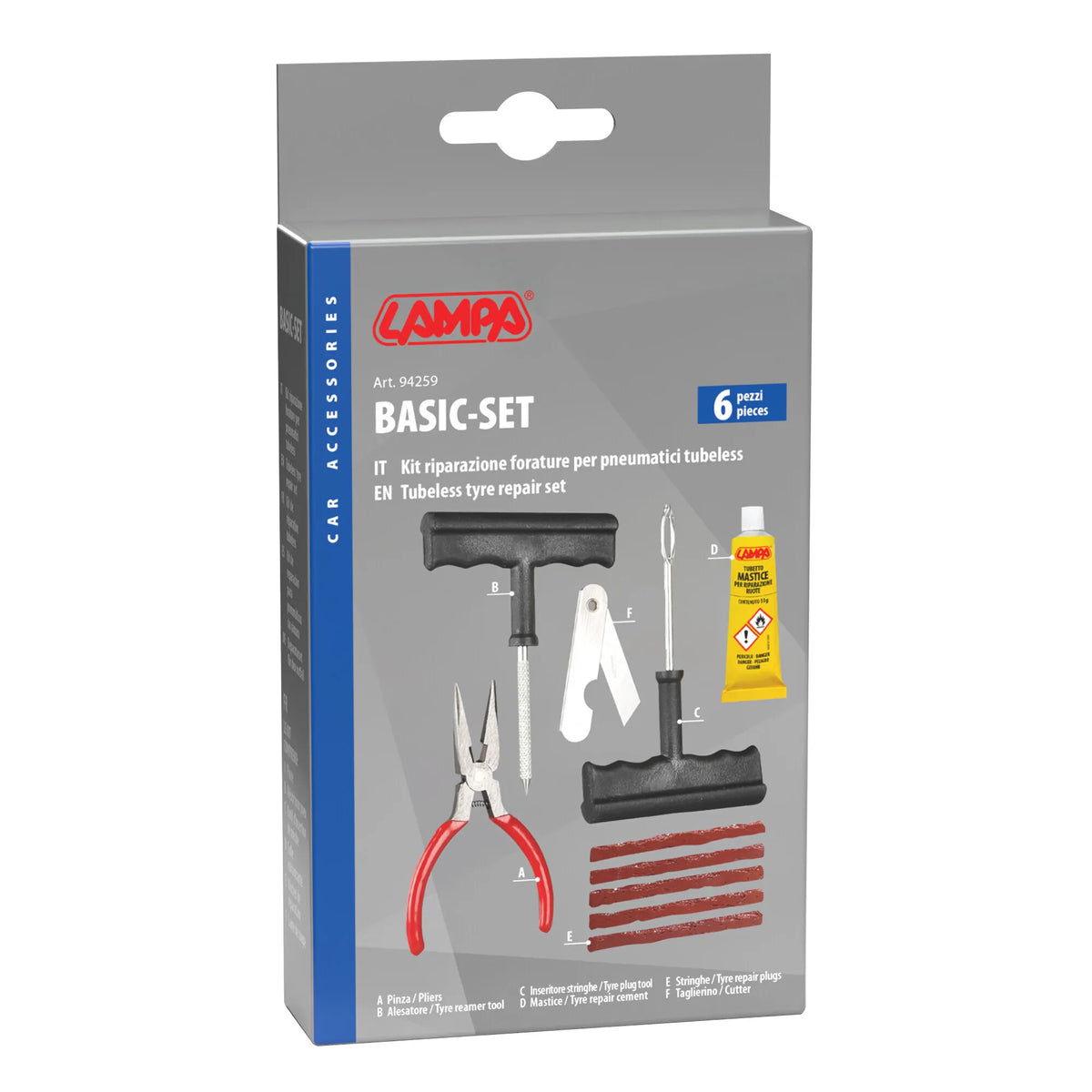 La confezione di Basic-set, kit riparazione forature pneumatici tubeless