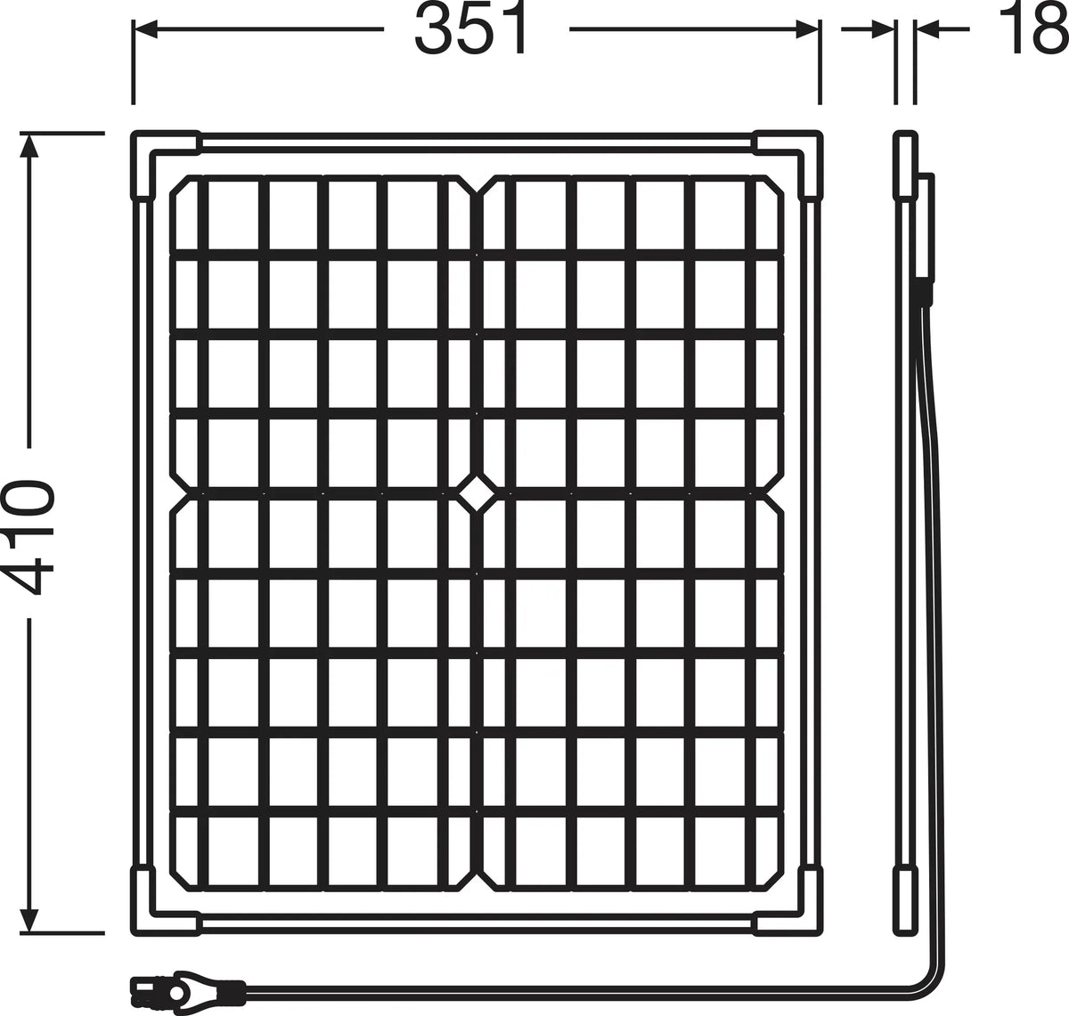 Disegno tecnico quotato di BATTERYcharge SOLAR 20W, mantenitore di batteria a energia, con le misure