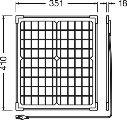 Disegno tecnico quotato di BATTERYcharge SOLAR 20W, mantenitore di batteria a energia, con le misure