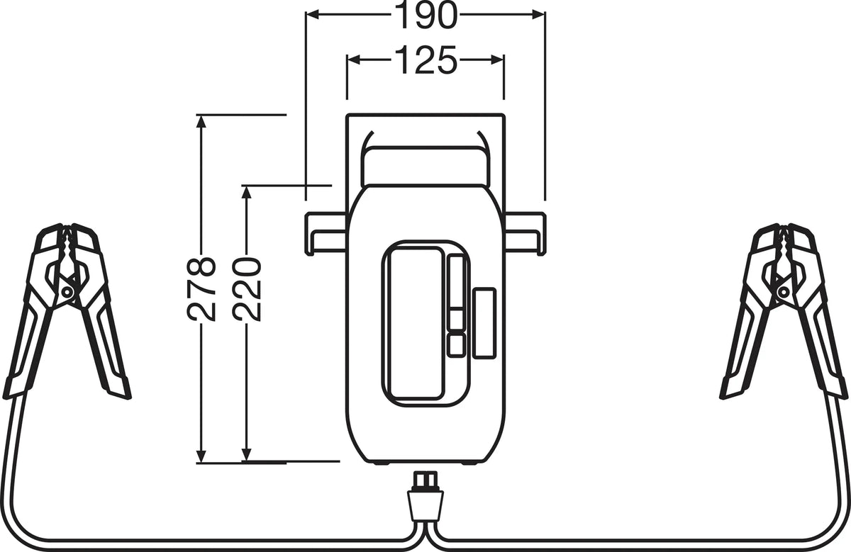 Disegno tecnico quotato di BATTERYstart PRO 1000, avviatore di emergenza ad alta, con le misure