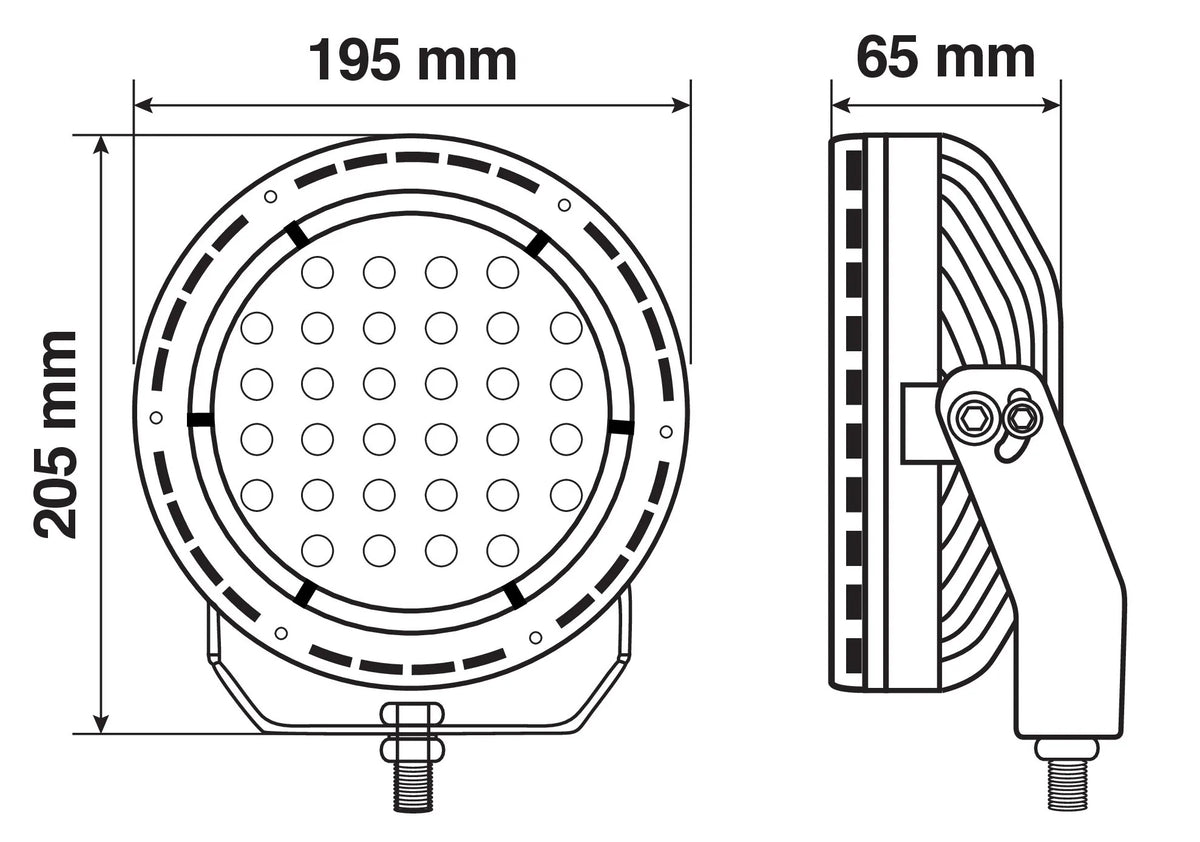 Disegno tecnico quotato di Bextar, proiettore supplementare a 62 Led - 12/24V - Ø 195, con le misure