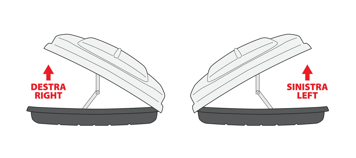Disegno tecnico quotato di Box 630D, box tetto in ABS, 630 litri, doppia apertura, con le misure, vista 2