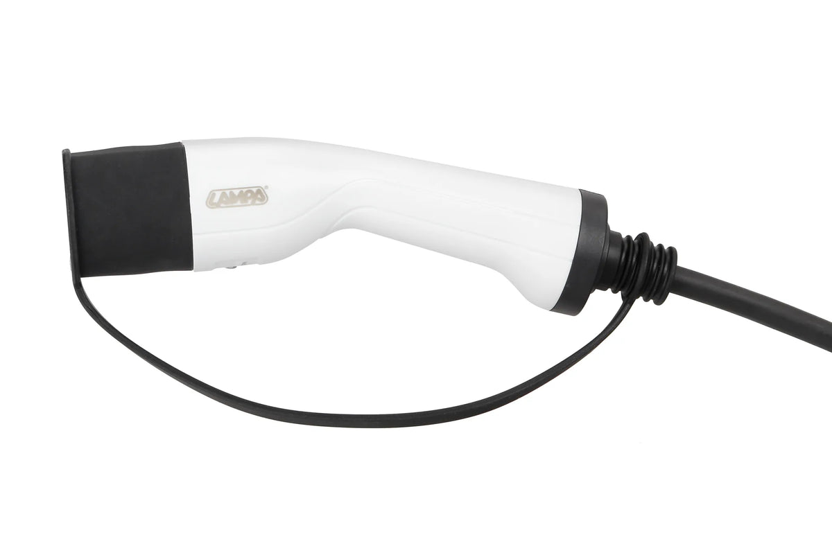 Carica batteria portatile per veicoli elettrici su fondo bianco, vista 6