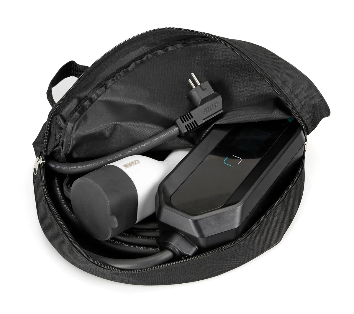 Carica batteria portatile per veicoli elettrici su fondo bianco, vista 8