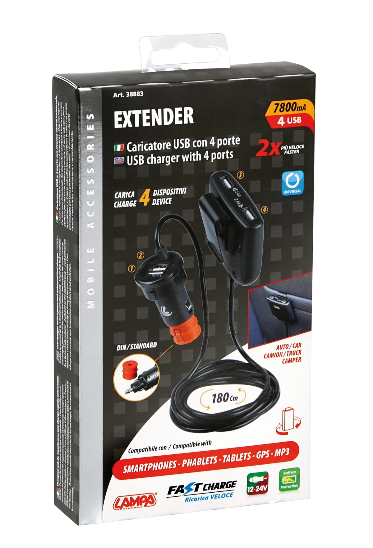 La confezione di Caricabatteria 4 porte Usb con prolunga - Fast Charge -