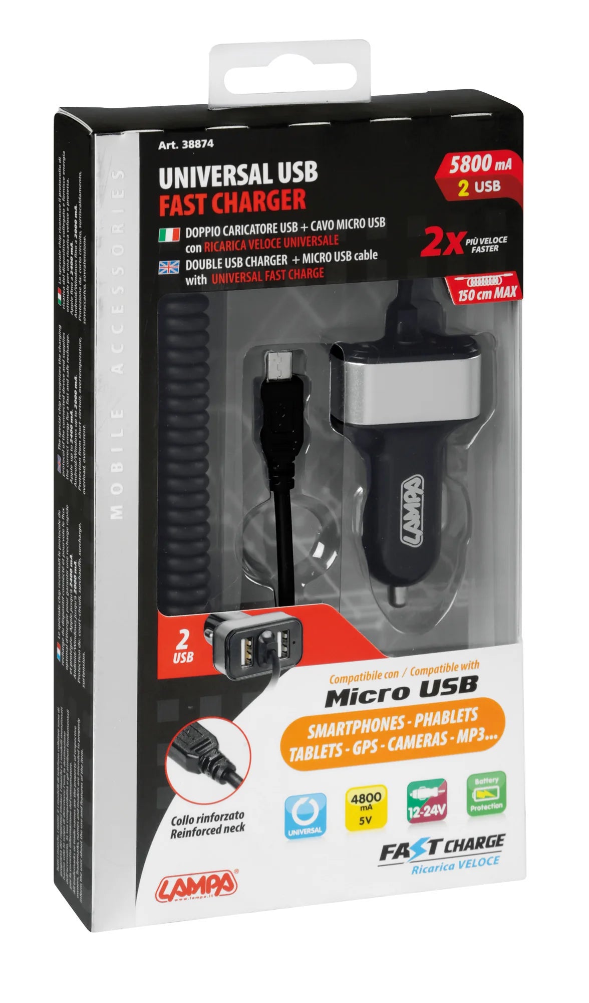 La confezione di Caricabatteria Micro Usb con 2 porte Usb - Fast Charge -