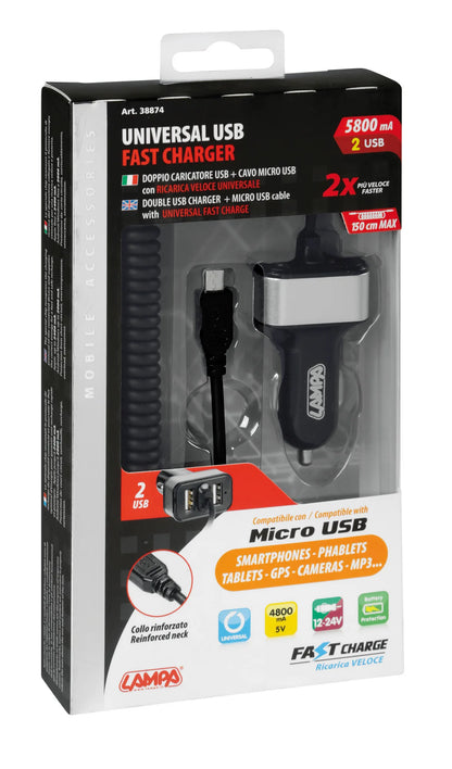 La confezione di Caricabatteria Micro Usb con 2 porte Usb - Fast Charge -