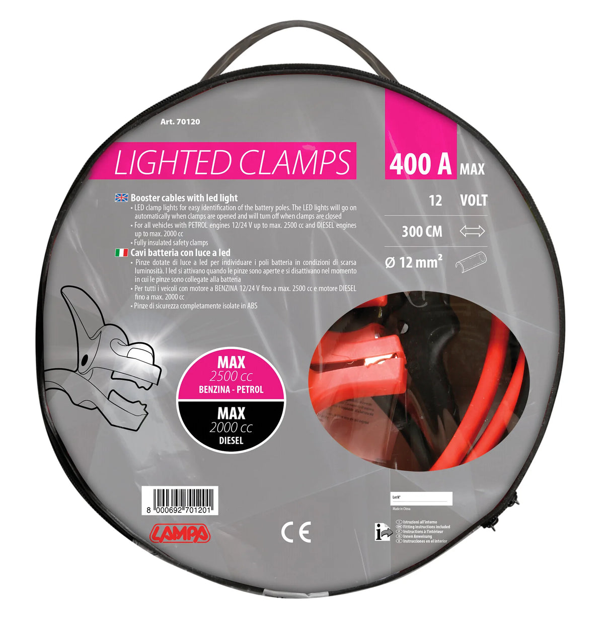 La confezione di Cavi batteria con pinze isolate, 12V - 300 cm - 400 A - 12