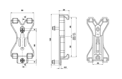 Disegno tecnico quotato di Clips portatarga per rimorchi, con le misure
