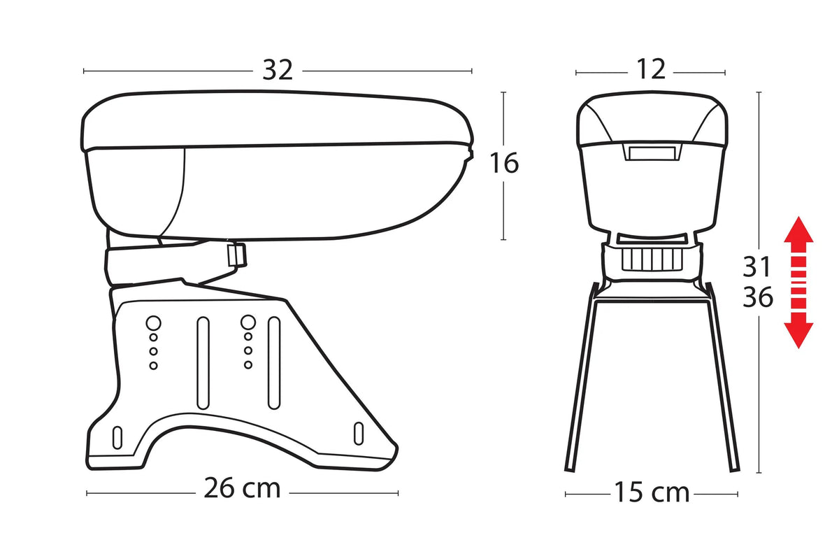 Disegno tecnico quotato di Compact, bracciolo 3 funzioni con doppio sistema di, con le misure