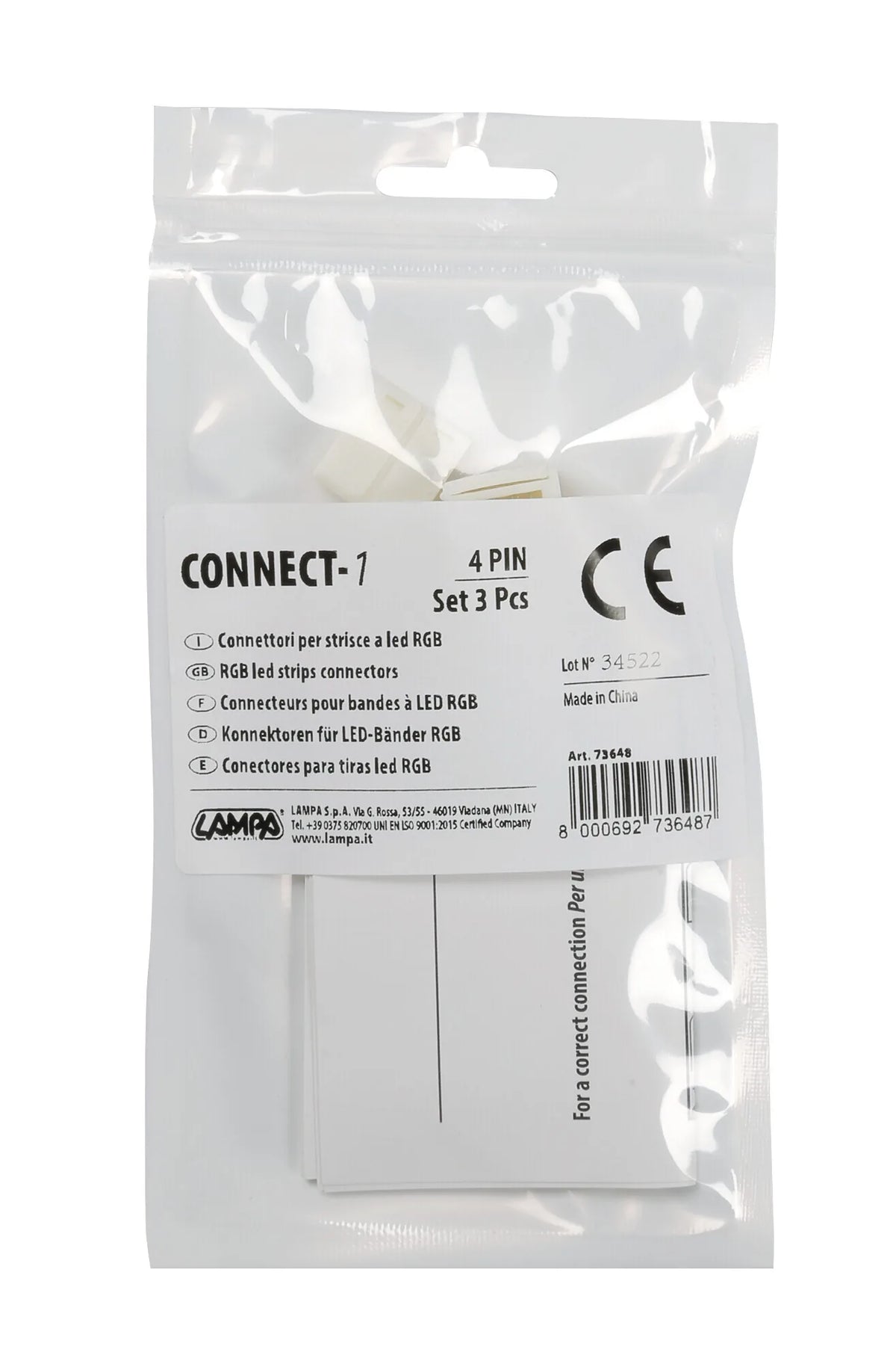 La confezione di Connect-1, Connettori per strisce a Led RGB, set 3 pz