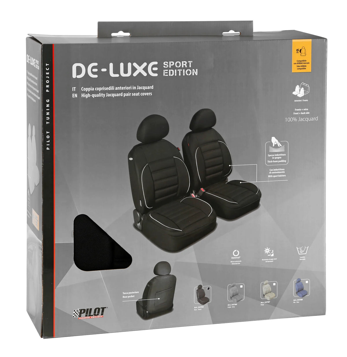 La confezione di De-Luxe Sport Edition, coppia coprisedili anteriori