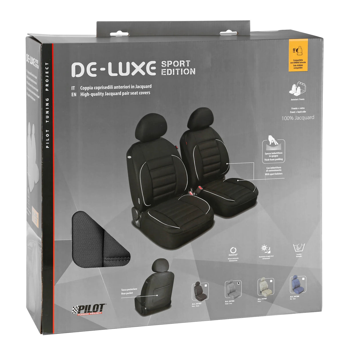 La confezione di De-Luxe Sport Edition, coppia coprisedili anteriori