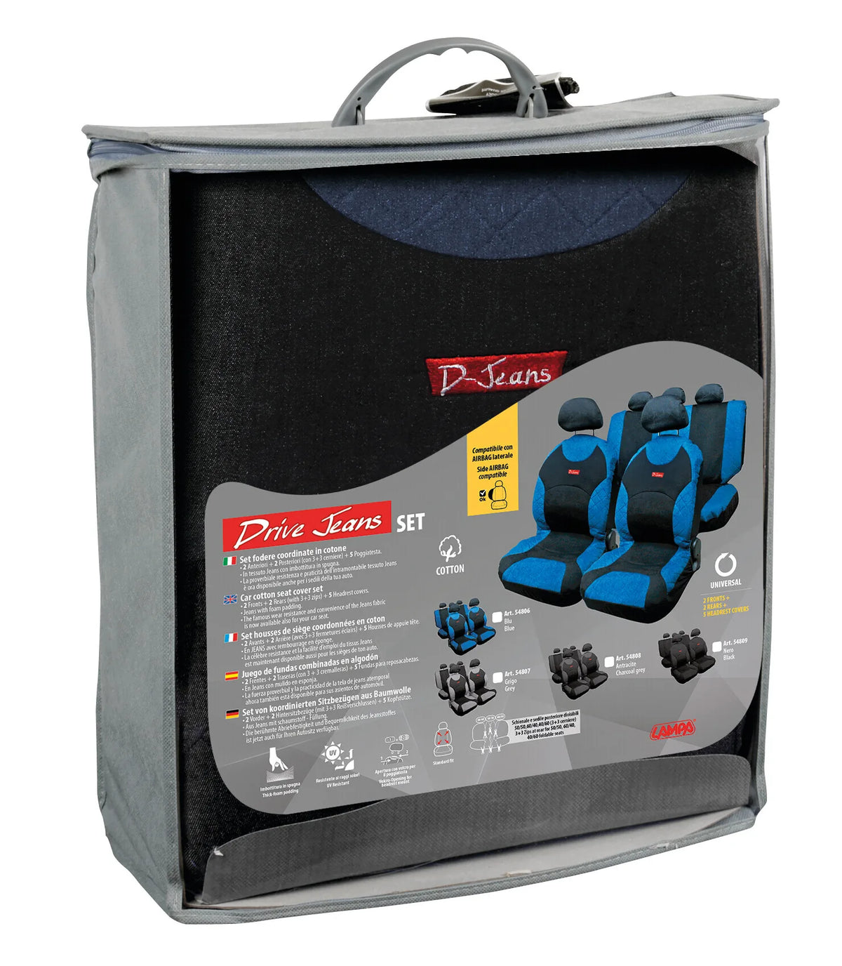 La confezione di Drive Jeans, set coprisedili