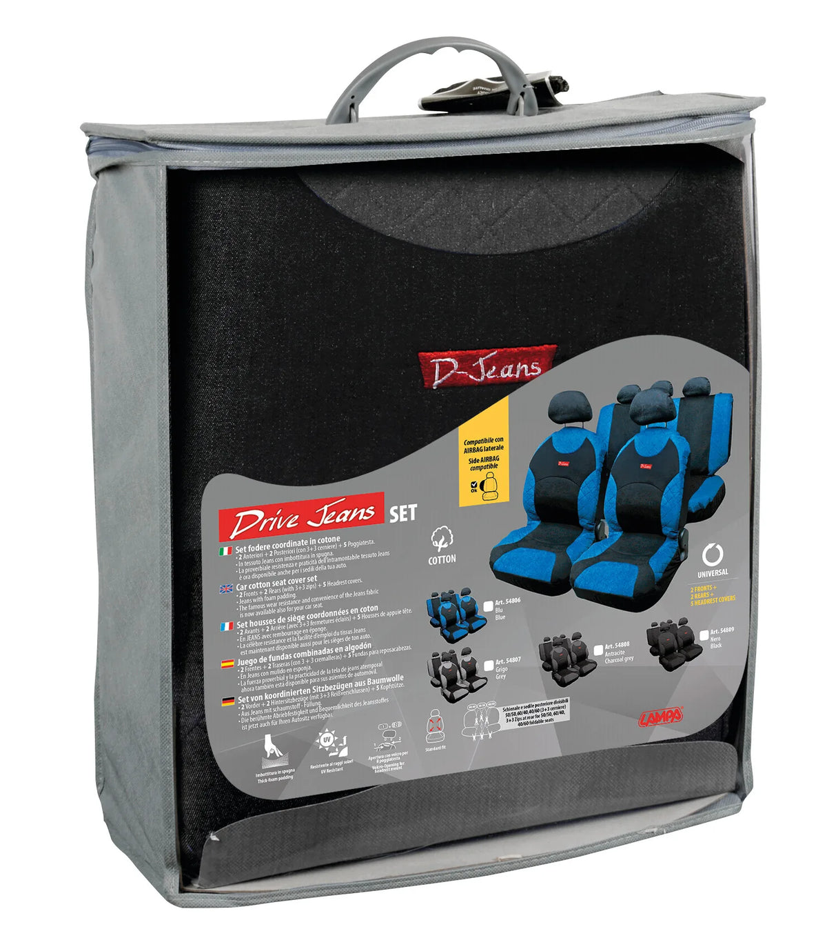 La confezione di Drive Jeans, set coprisedili