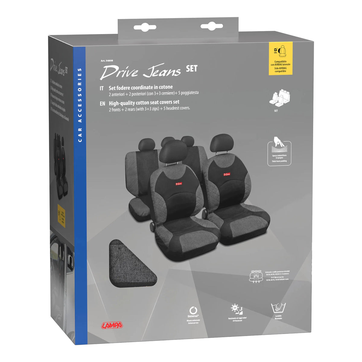 La confezione di Drive Jeans, set coprisedili