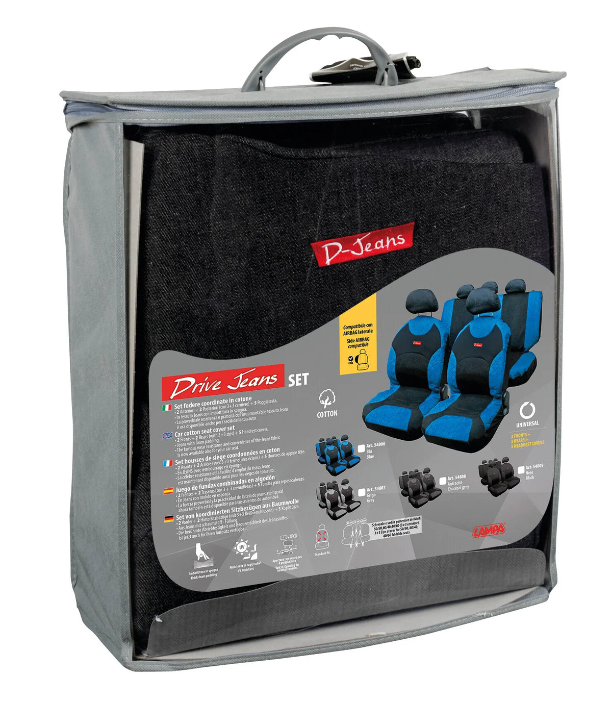 La confezione di Drive Jeans, set coprisedili