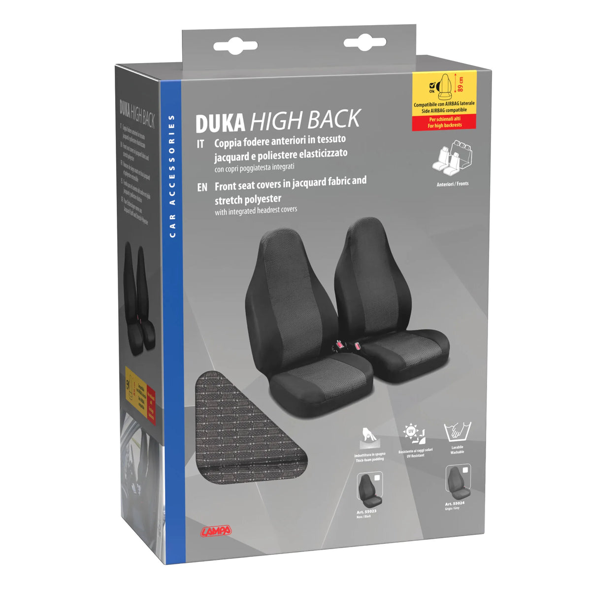 La confezione di Duka High-Back, coppia coprisedili anteriori in tessuto