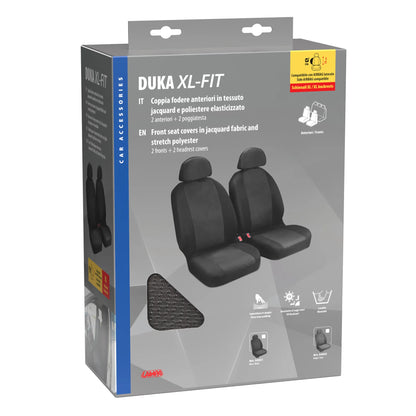 La confezione di Duka XL-Fit, coppia coprisedili anteriori in tessuto