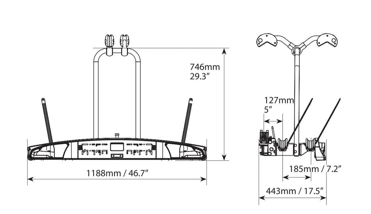 Disegno tecnico quotato di Elix 2, portabiciclette per gancio traino - 2 bici, con le misure, vista 4