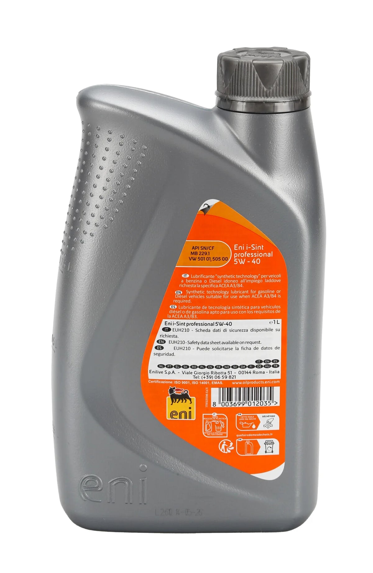 Eni olio i-sint 5w-40 lt.1 - 12 pz su fondo bianco, vista 2