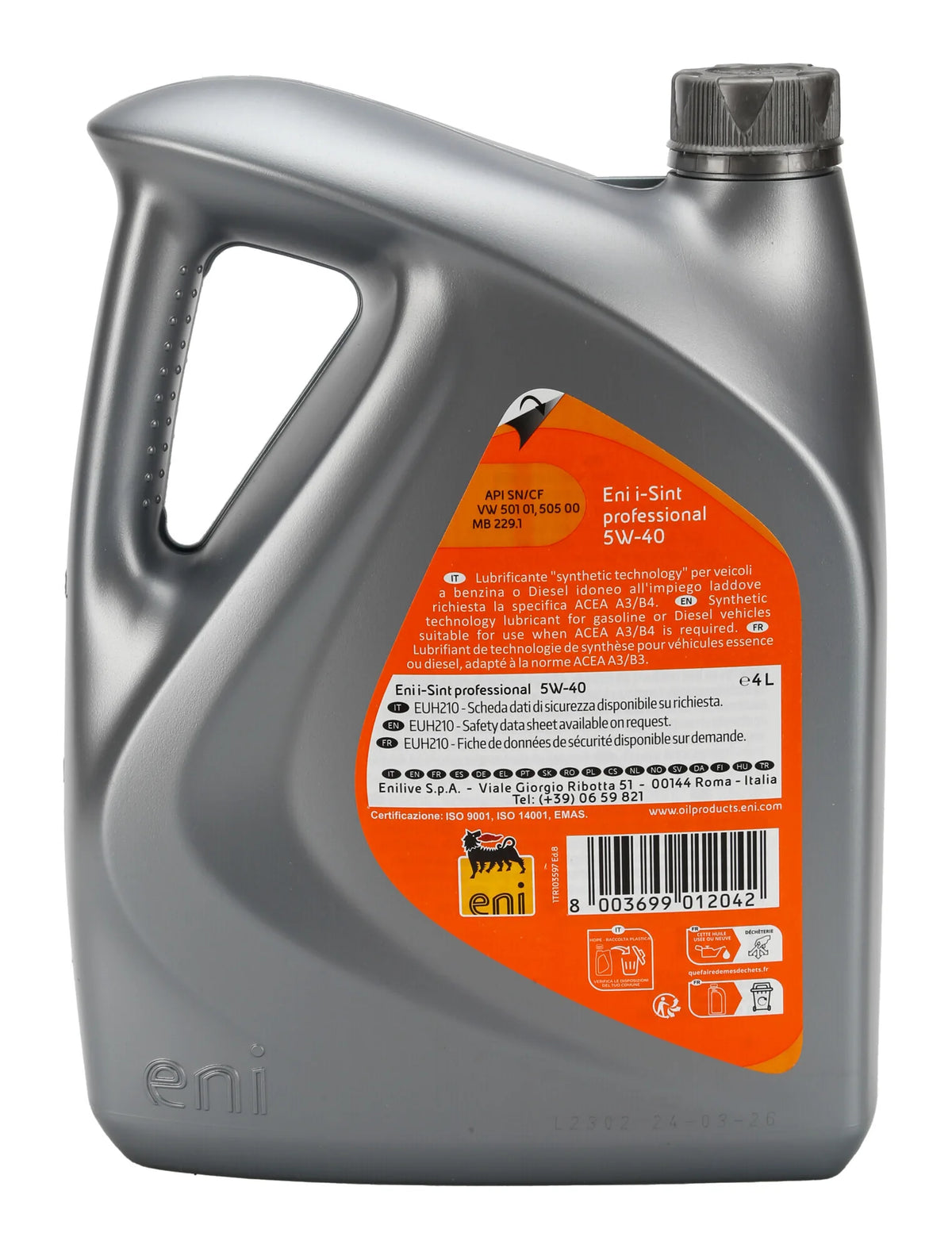 Eni olio i-sint 5w-40 lt.4 su fondo bianco, vista 2