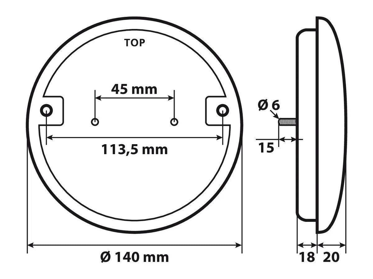 Disegno tecnico quotato di Fanale rotondo retromarcia Led, 12/24V, con le misure