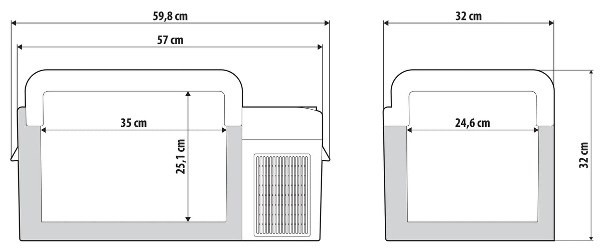 Disegno tecnico quotato di FC-20, frigorifero/congelatore a compressore, 20 litri, con le misure