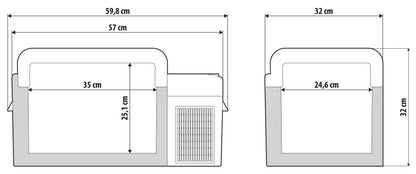 Disegno tecnico quotato di FC-20, frigorifero/congelatore a compressore, 20 litri, con le misure