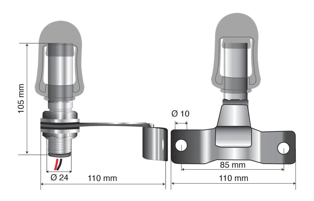 Disegno tecnico quotato di Fix-5, Staffa con perno e spinotto DIN per luce di, con le misure