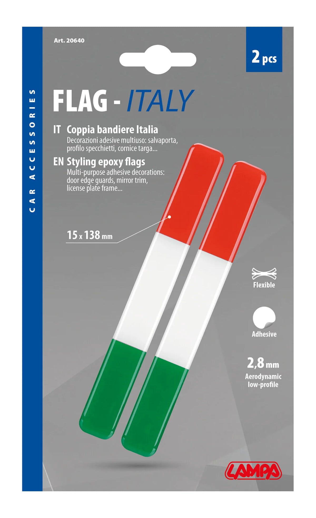 La confezione di Flag-Italy, coppia bandiere Italia - 15x138 mm