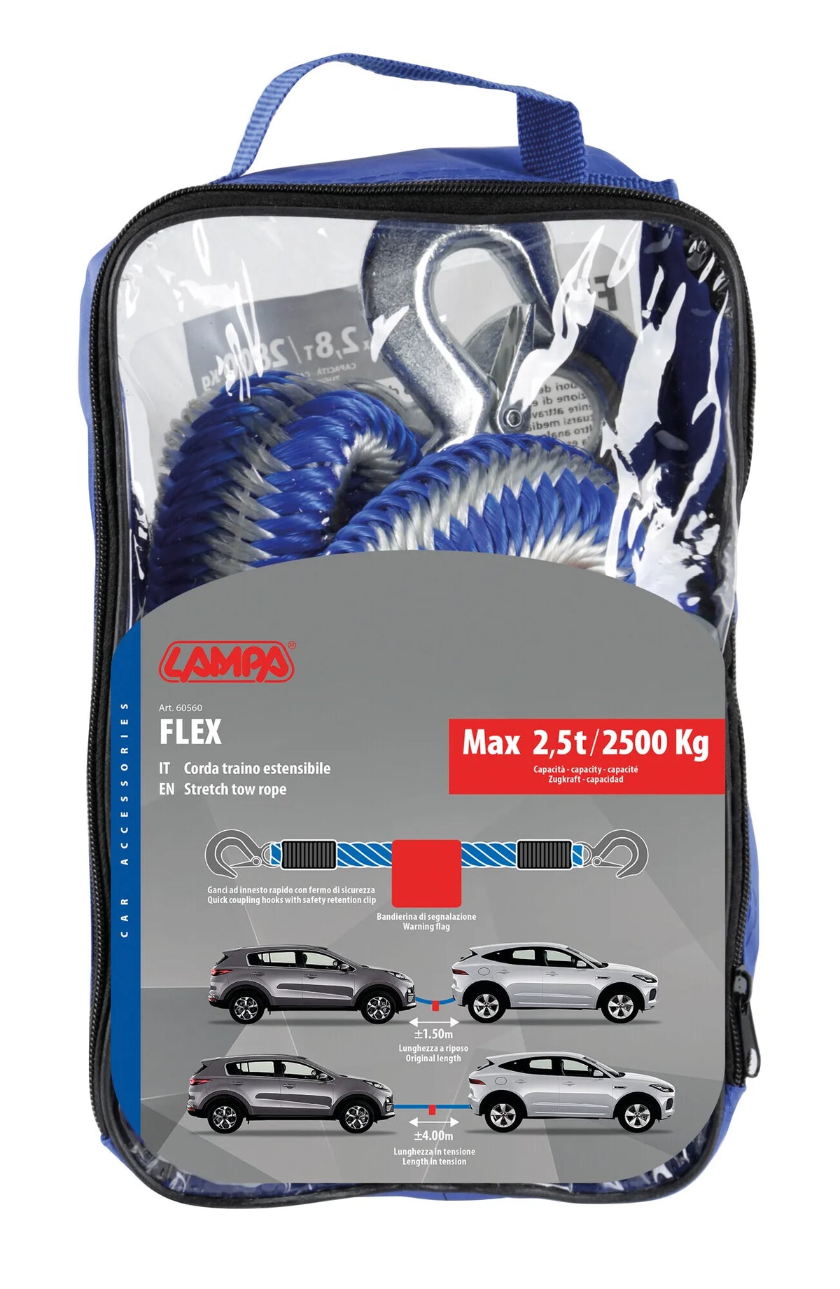 La confezione di Flex 2800 kg, Corda traino estensibile