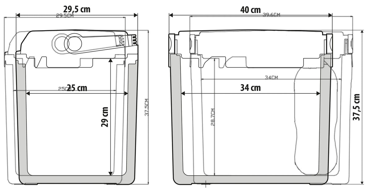 Disegno tecnico quotato di FT-25, frigorifero-scaldavivande portatile 25 litri, con le misure